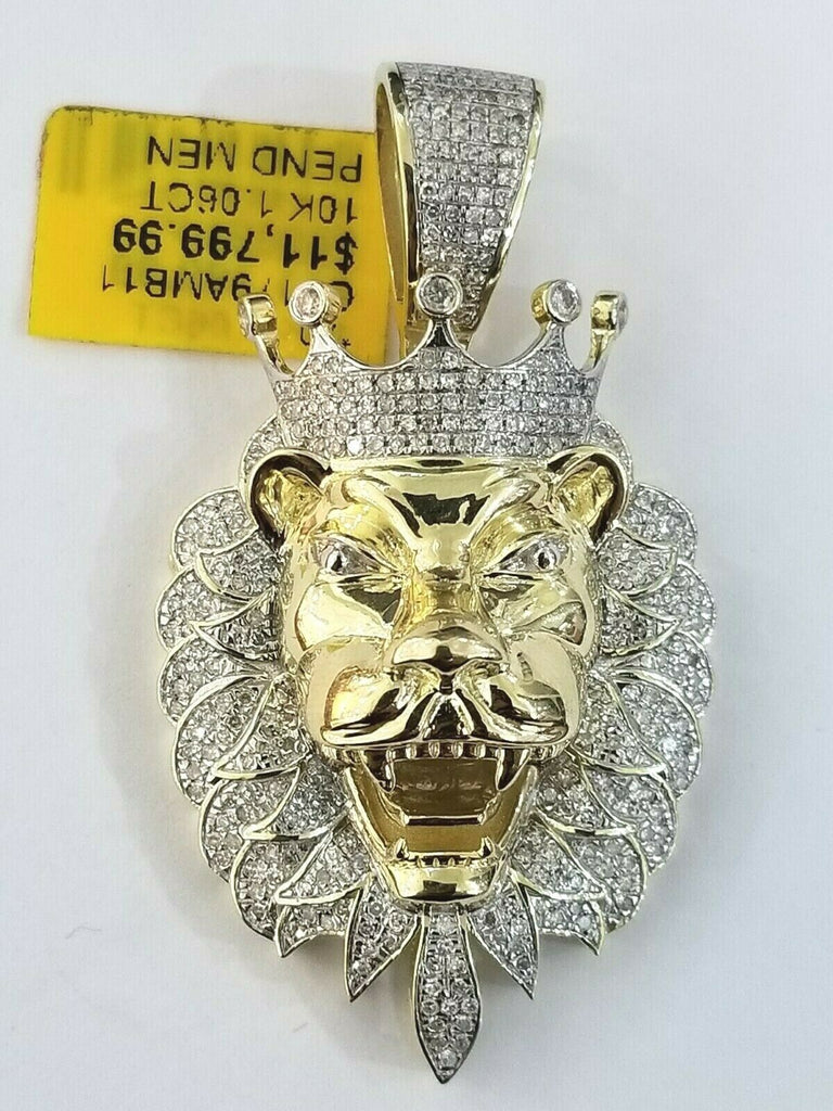 Real Diamond Pendant King Lion Head Mens Crown Charm 10k Yellow Gold Solid Real