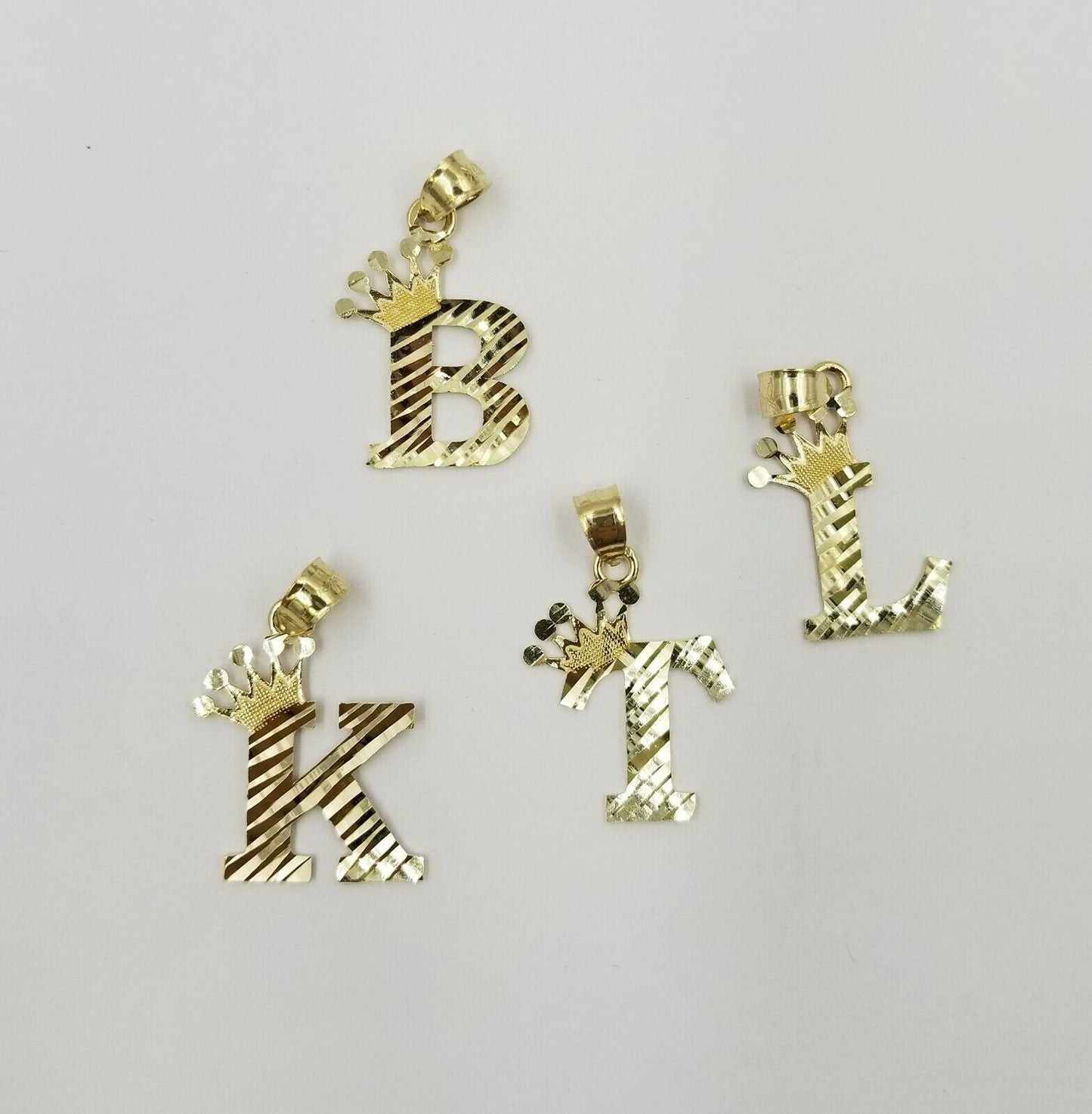 10k Initial Yellow Gold Crown A-Z Alphabet Charm Diamond Cut Pendent Men Women