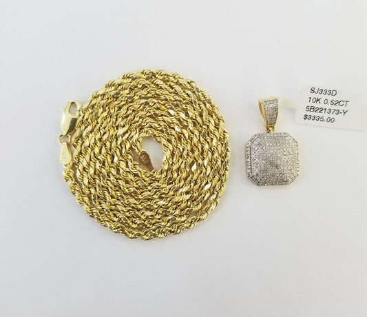 10K Yellow Gold Real Diamond Pillow Charm With 24" 3mm gold rope chain