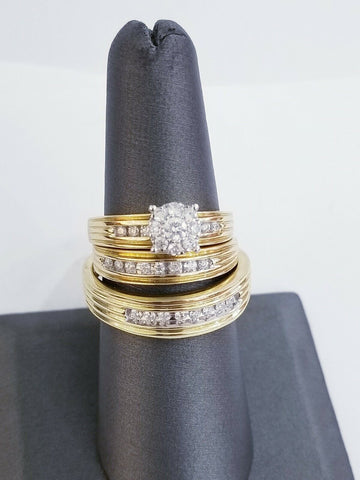 Solid 14k Gold Diamond Ring Set Trio Wedding Band REAL His Her Set