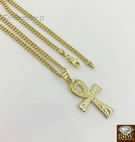 10k Gold Ankh Cross Charm Pendant with Miami Cuban Chain 22" 24" 26" 28" Real