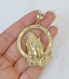 10K Real Praying Hands Charm Pendant Yellow Gold 2" Genuine