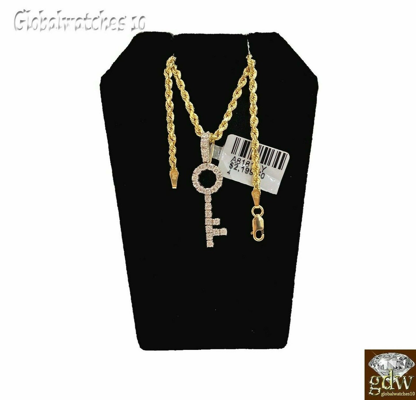 10k Gold Diamond Key Charm Pendant with Rope Chain in 20 22 24 26 inch,Real Gold