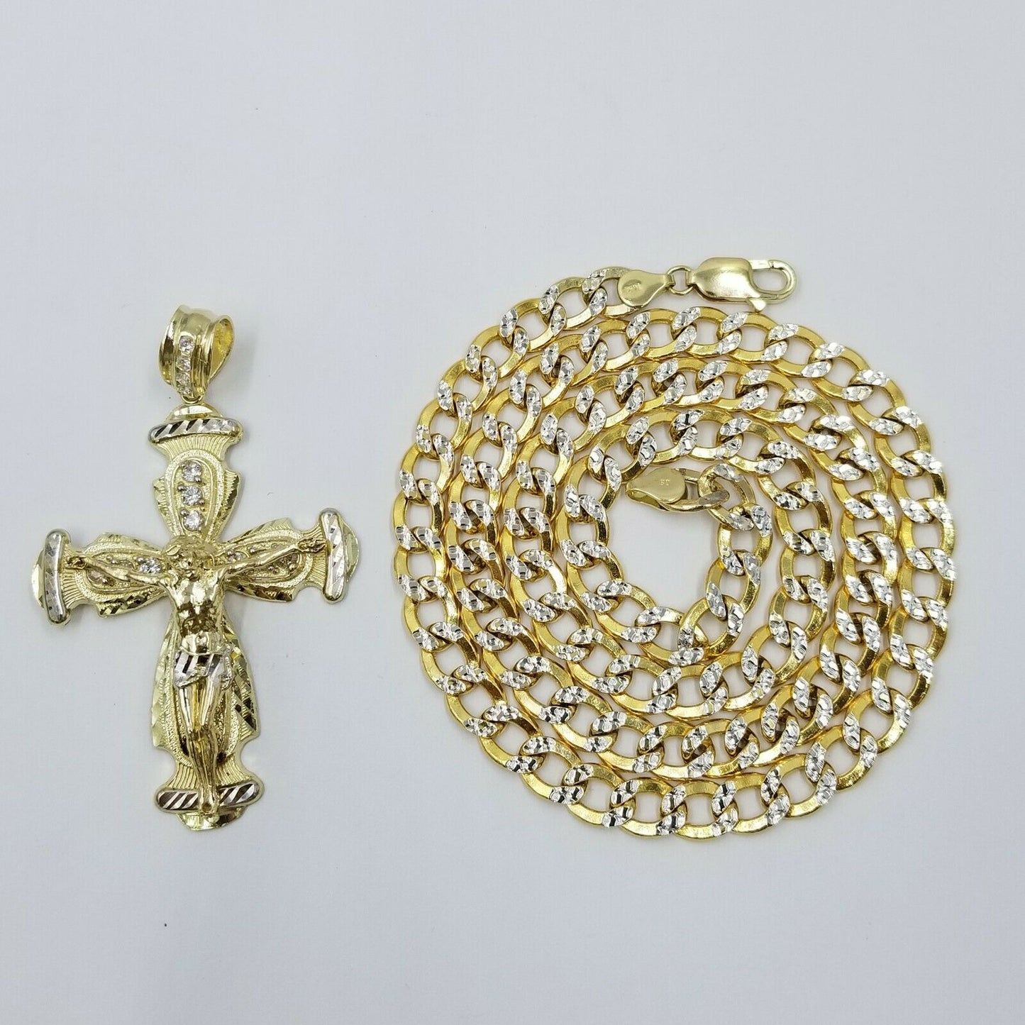 Real 10k Cuban Curb Link Necklace Pendant SET Jesus Crucifix Cross Chain