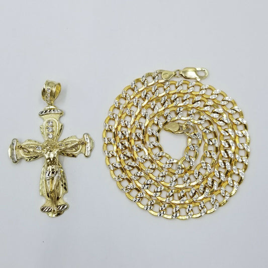 Real 10k Cuban Curb Link Necklace Pendant SET Jesus Crucifix Cross Chain