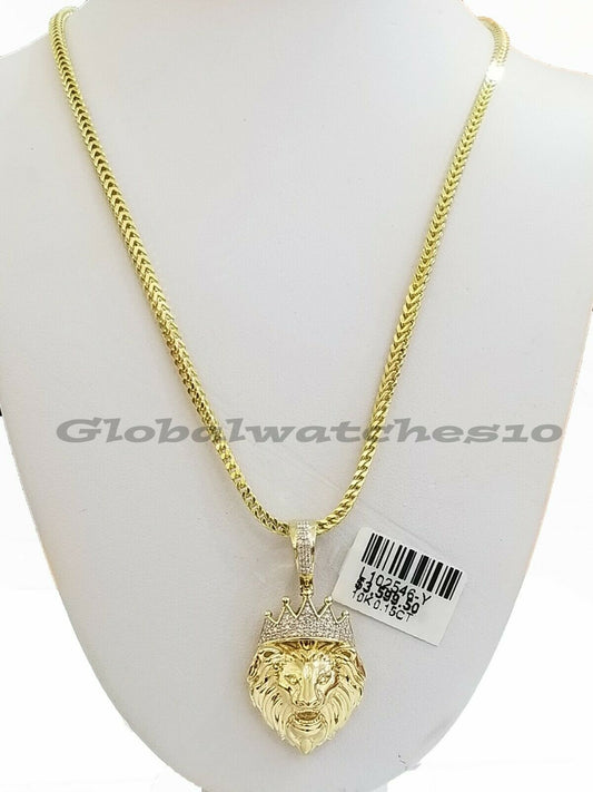 10k Yellow Gold & Diamond Lion head Pendant with 18"-26" Inches Franco Chain