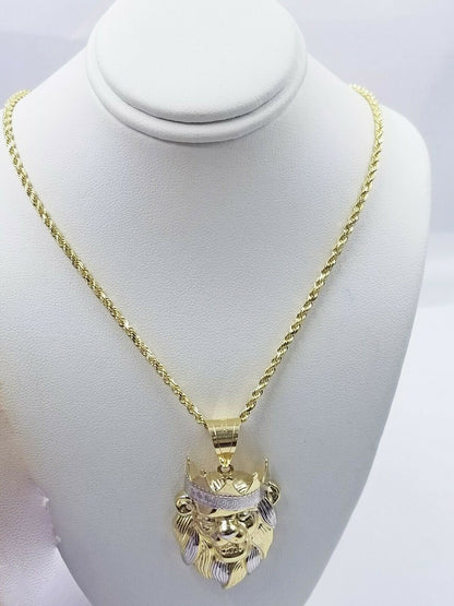 10k Gold Crown Lion Head Charm Pendant Diamond Cut 2.5mm 18" - 26" Rope Chain