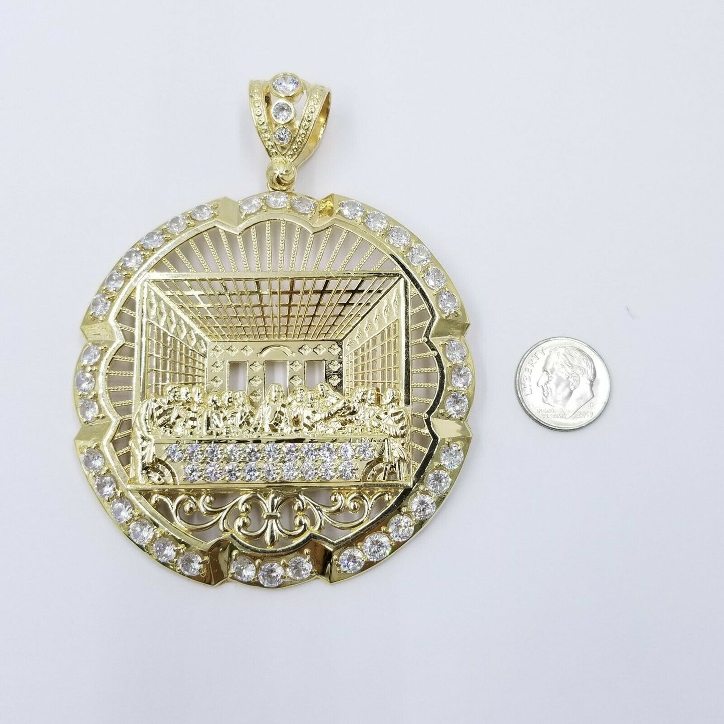 10k Yellow Gold Apostles Last Supper Round Pendant Diamond Cut Men's 3.75" 75mm