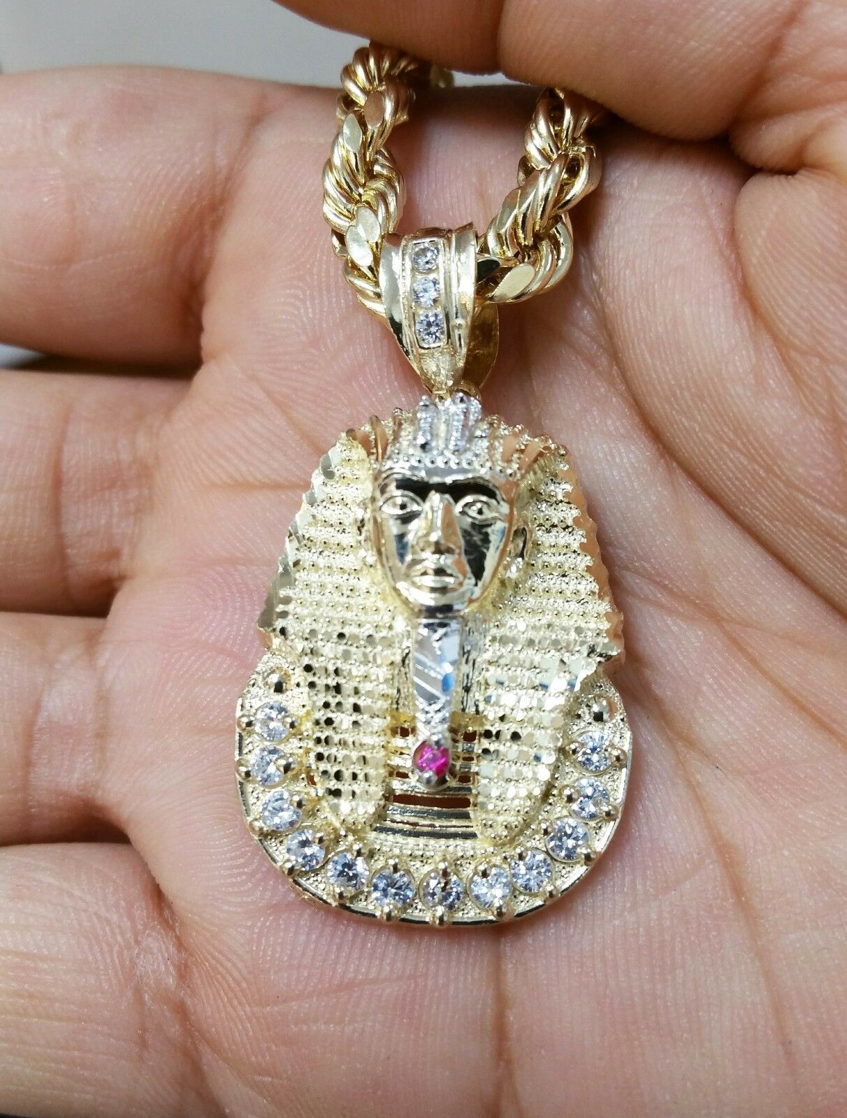 Real 10k Rope Chain Necklace 22" Inch Pharaoh Head Charm Pendant