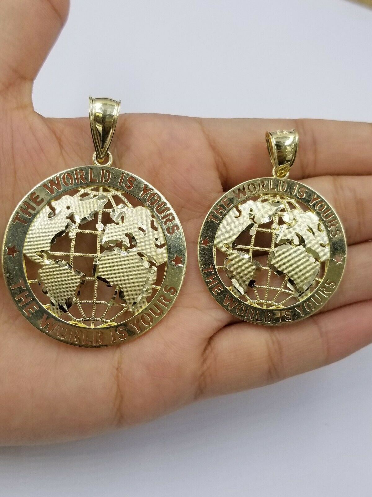 Globe Map Charm 10K Yellow Gold Real Pendant The World is Your Diamond Cut Solid