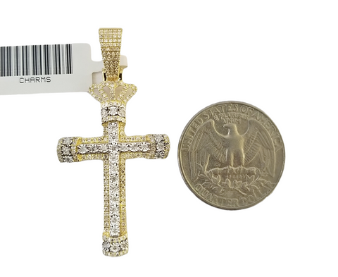 10K Yellow Gold Real Diamond Jesus Cross Pendent Crown Cross Charm Religious