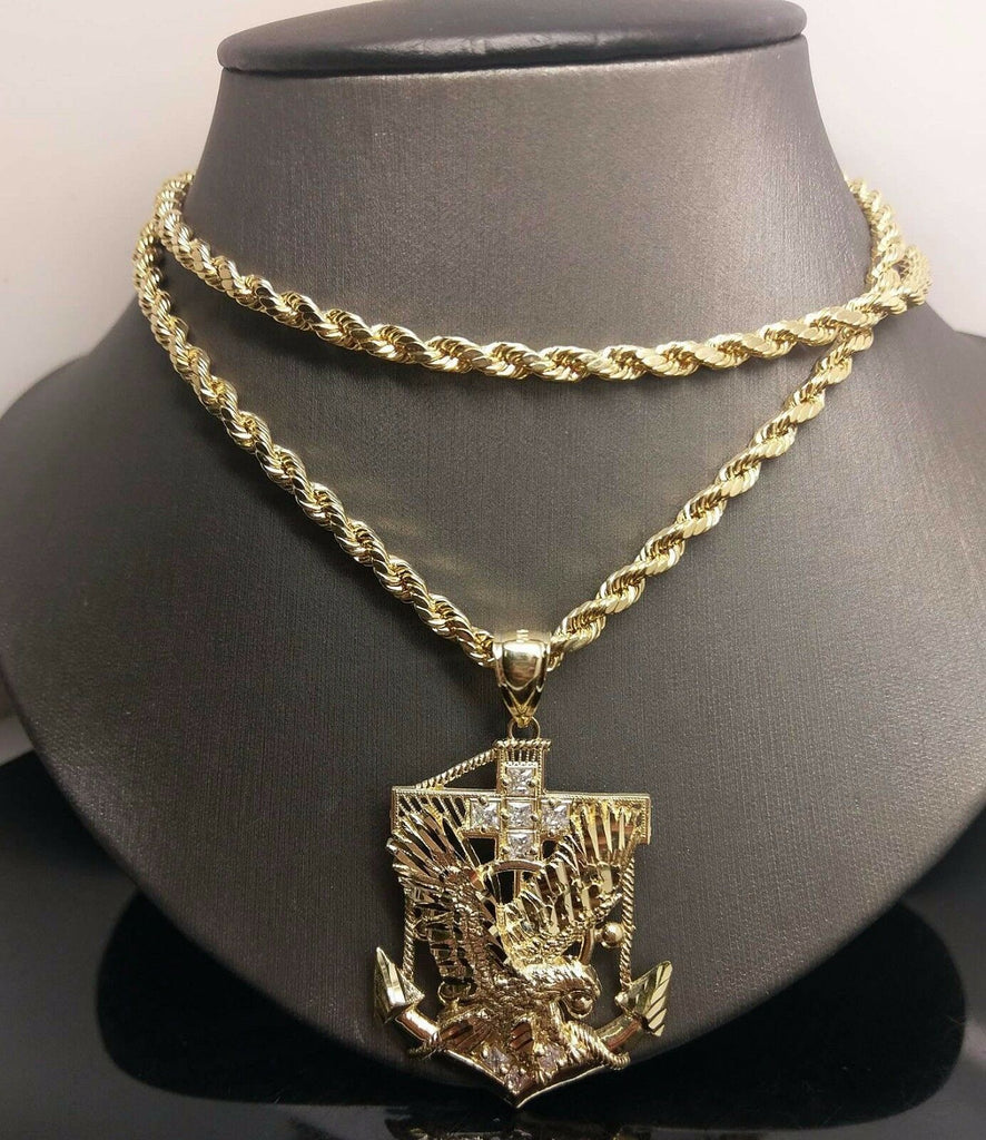 Men 10k Yellow Gold 26" Rope Chain American Eagle Anchor Charm