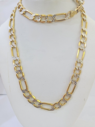 Real 10k Yellow Gold Figaro Link Chain 7mm 24 Inch Diamond Cut Necklace