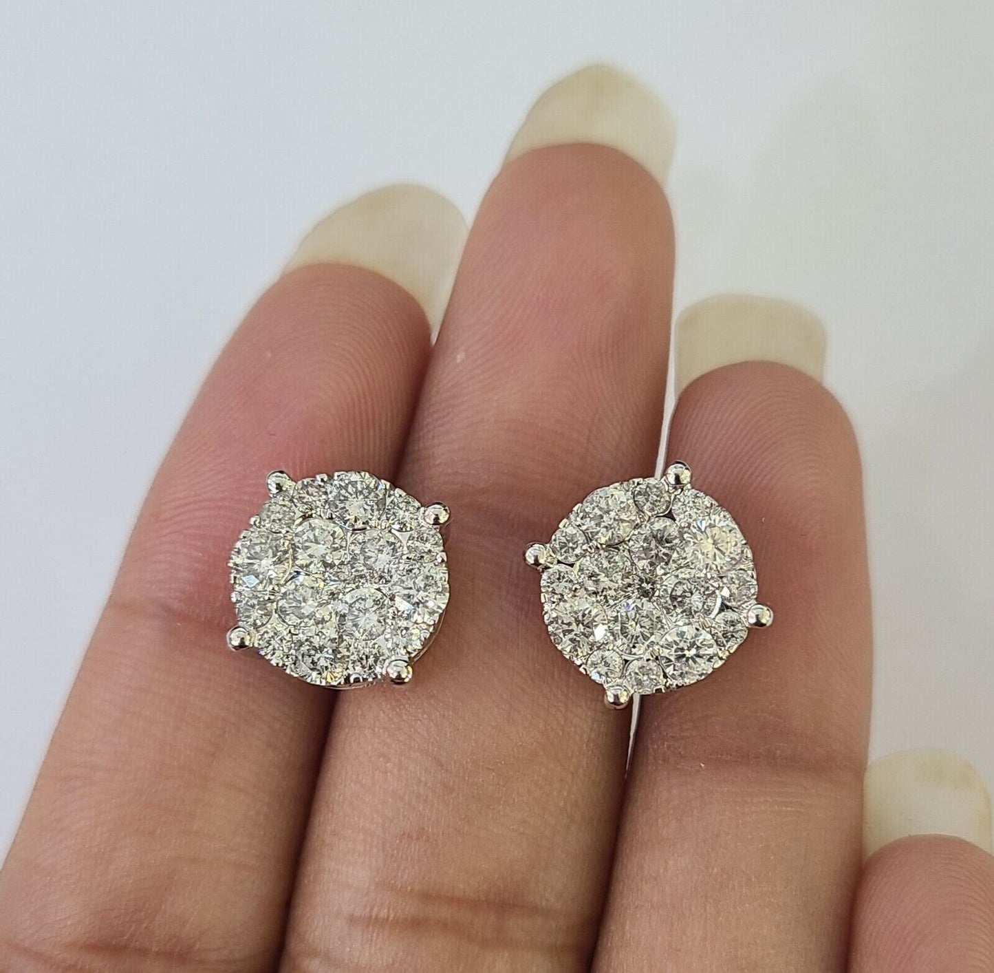 10k White gold Flower Earrings Real Diamond screw-back Women Men Studs