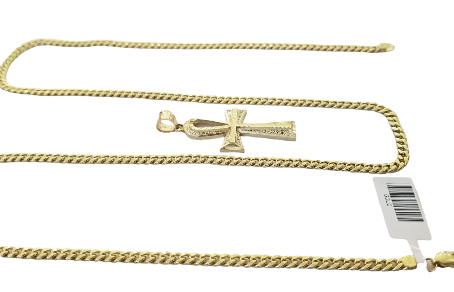 Real 10k Gold Ankh Cross Pendent 4mm Cuban Link Chain 18"20' 22" 24" 26" 28" 30"