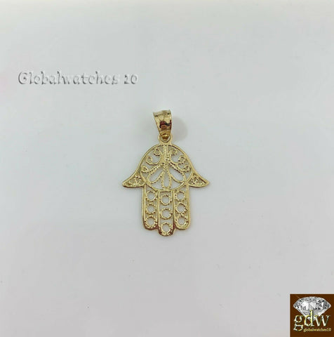 10k Gold Solid Hamsa Hand Charm for Men, Pendant with Diamond Cut, Luck, Real