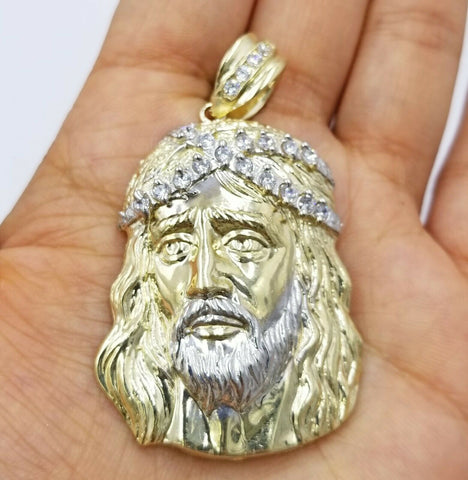 REAL 10k Yellow White Gold Jesus Head Charm Pendant Diamond Cut 2.25" 35mm Men