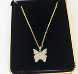 Real 10k Yellow Gold Butterfly Diamond Pendant Chain Necklace Set Women