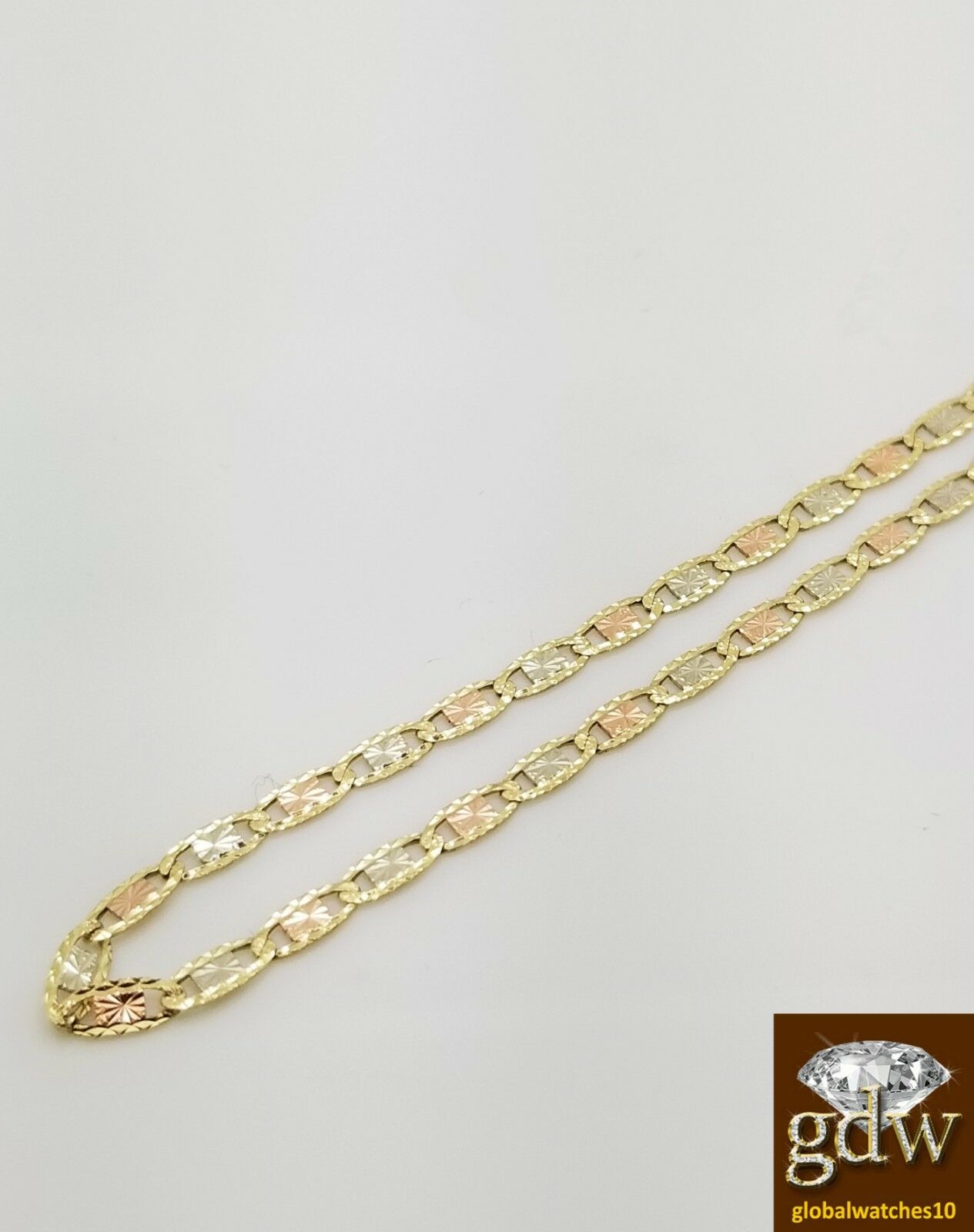 Real Trio-Gold Women's Link Chain with Lobster Clasp and 22 Inches, Diamond Cut.