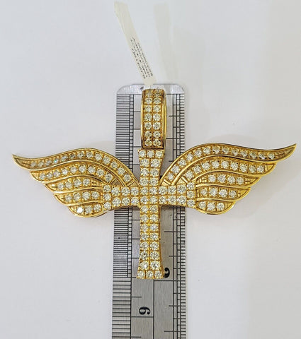 Real 10k Diamond Cross Wings Charm Yellow Gold Men Women Pendant Genuine 3"