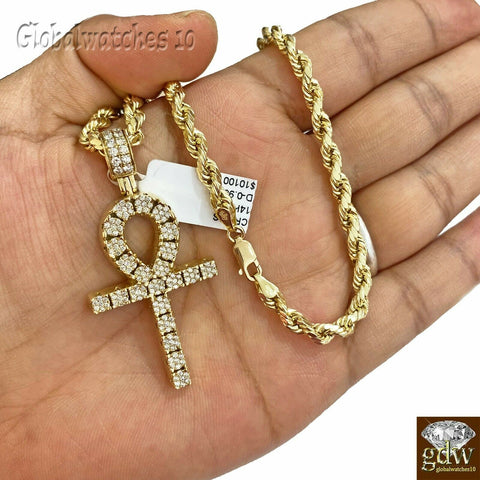 14k Gold Diamond Ankh Cross Charm Pendant, 10k Rope Chain in 18 20 22 24 26 Inch