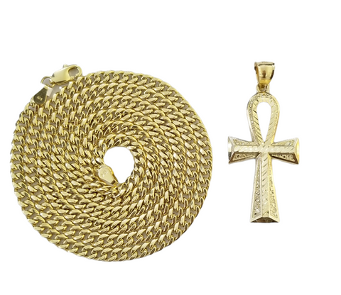 Real 10k Gold Ankh Cross Pendent 4mm Cuban Link Chain 18"20' 22" 24" 26" 28" 30"