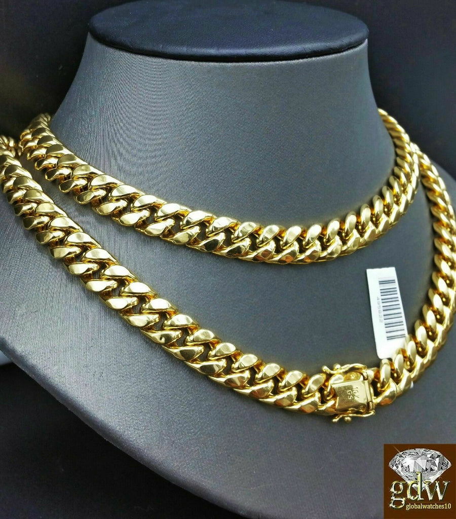 24" 9MM Men's 10K Yellow Gold Necklace Miami Cuban Link Chain Box Lock, Rope