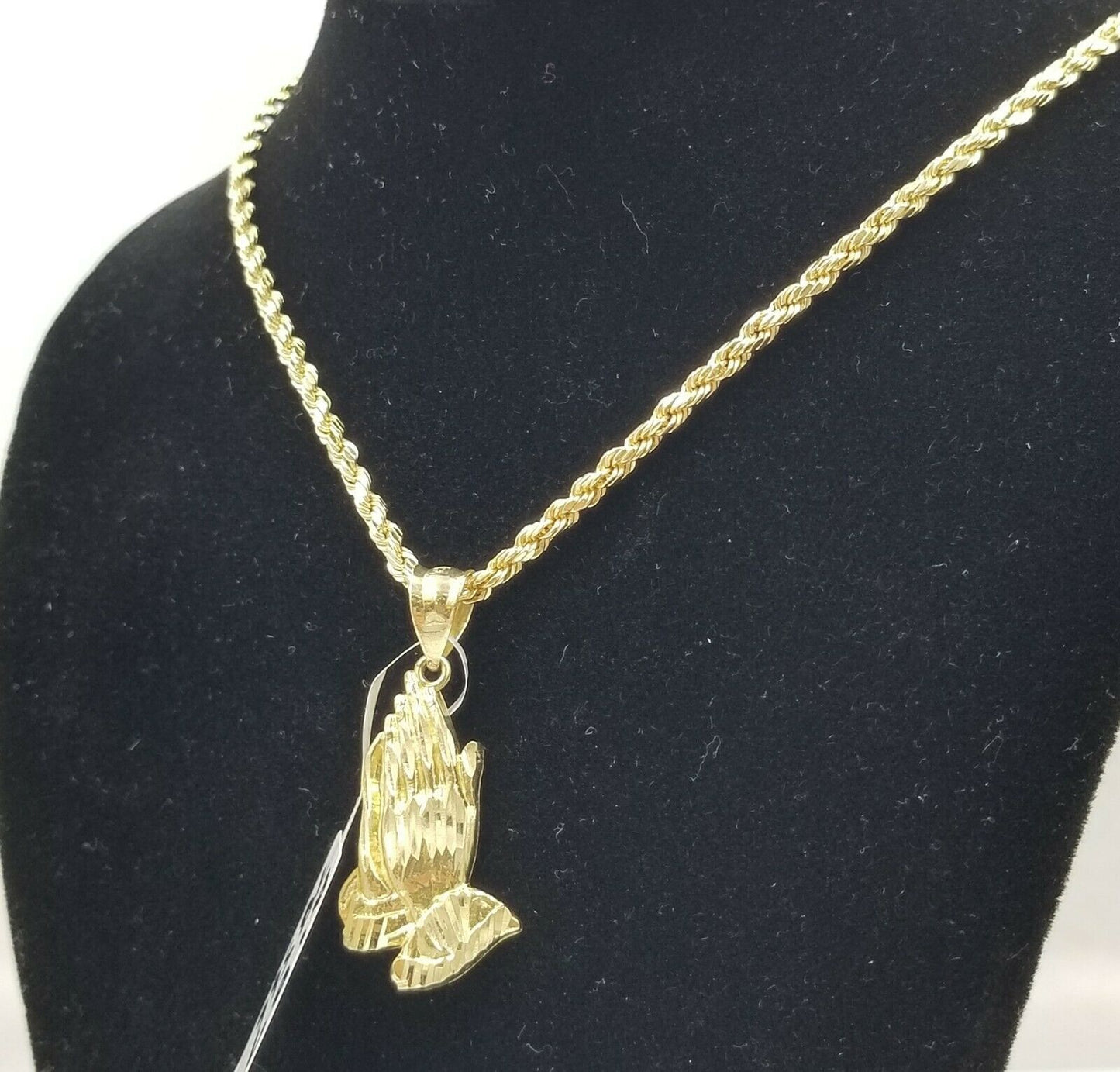 Real 10k Yellow Gold Praying Hands Charm Pendent Rope Chain 2.5mm 18 20 22 24