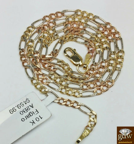Real 10K Trio-Gold Figaro Link Chain 18 Inch ladies & Kids Diamond Cut Strong