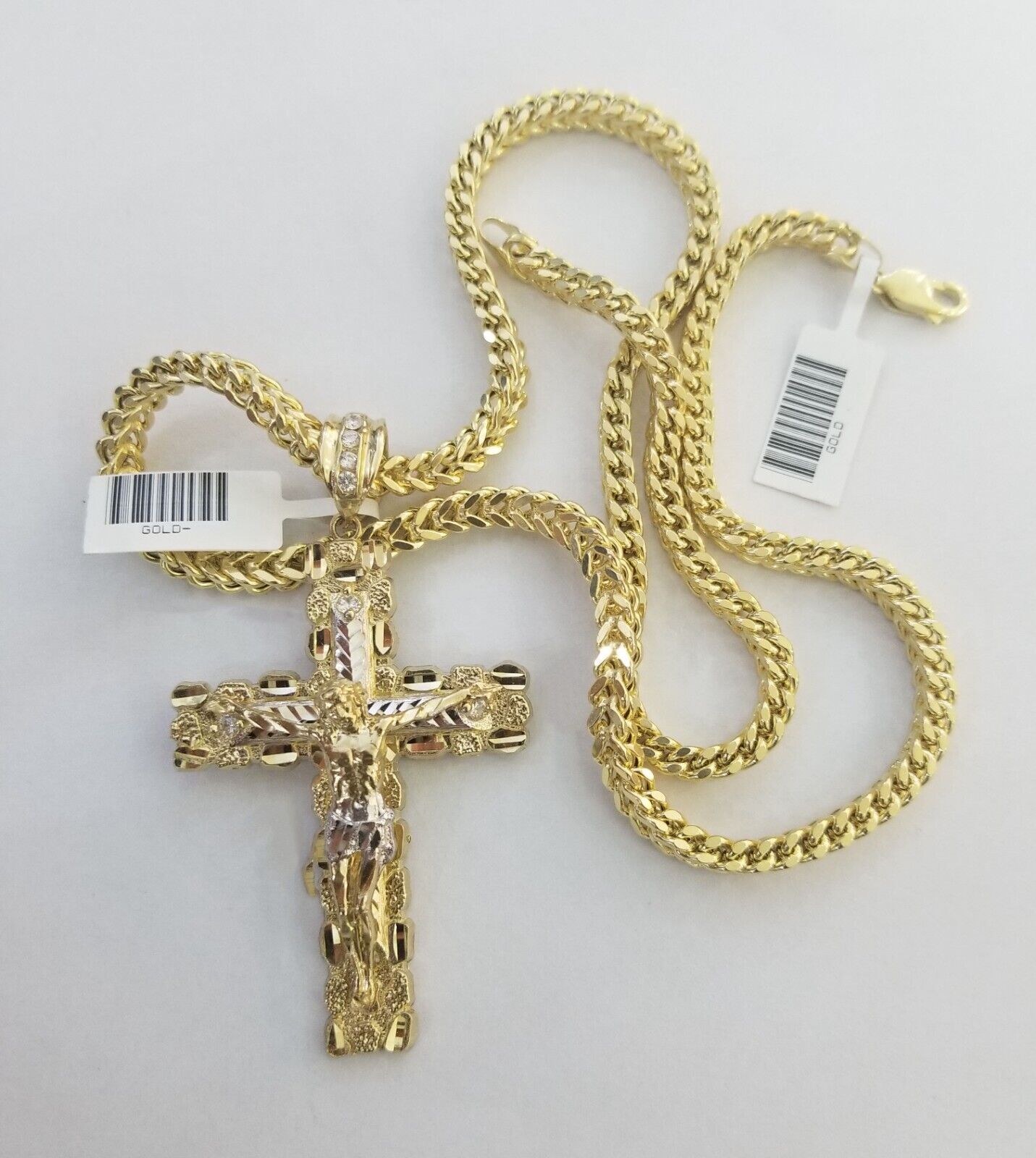 Real 10k Gold Nugget Cross Pendant Franco Necklace 4mm 24" Chain Charm  SET 10kt