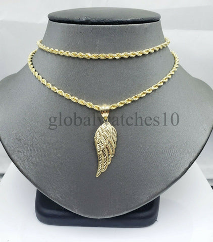 10k Yellow Gold Angel Wing Pendant Charm 10k Solid Rope palm Byzantine chain Set