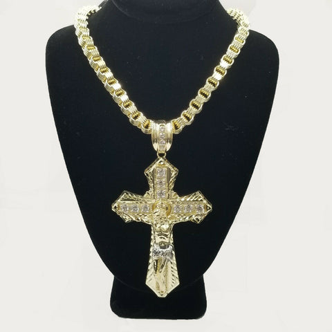 10k Gold Mens Byzantine Box Necklace 8mm 26" AND Cross