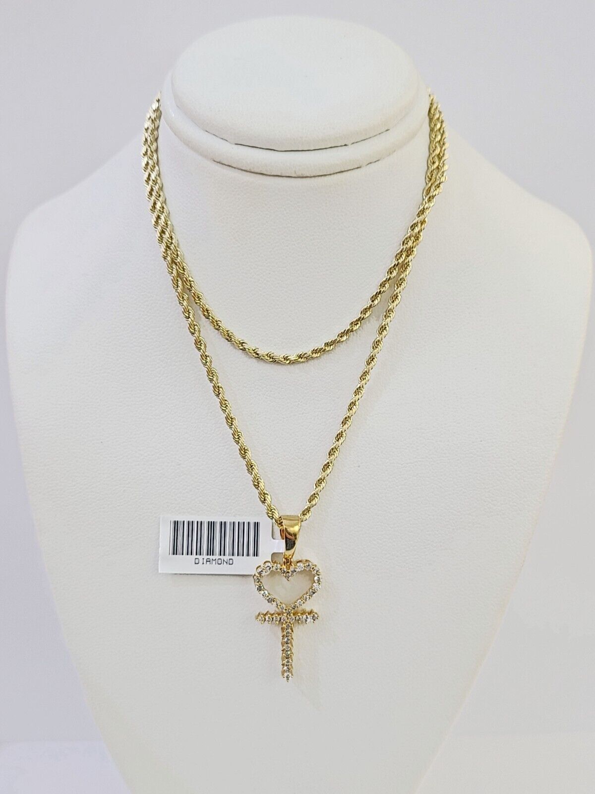 10k Gold Diamond Heart with Cross Pendent and 2.5mm 20 Inches Rope Chain