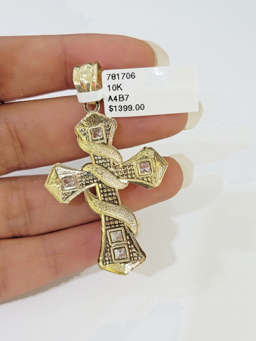 10k Yellow Gold Jesus Cross Spiral Charm Pendant Diamond Cut Crucifix 2"