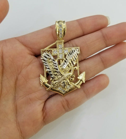 Real 10k Yellow Gold American Eagle Anchor Pendant 2 inches Cubic Zirconia Charm