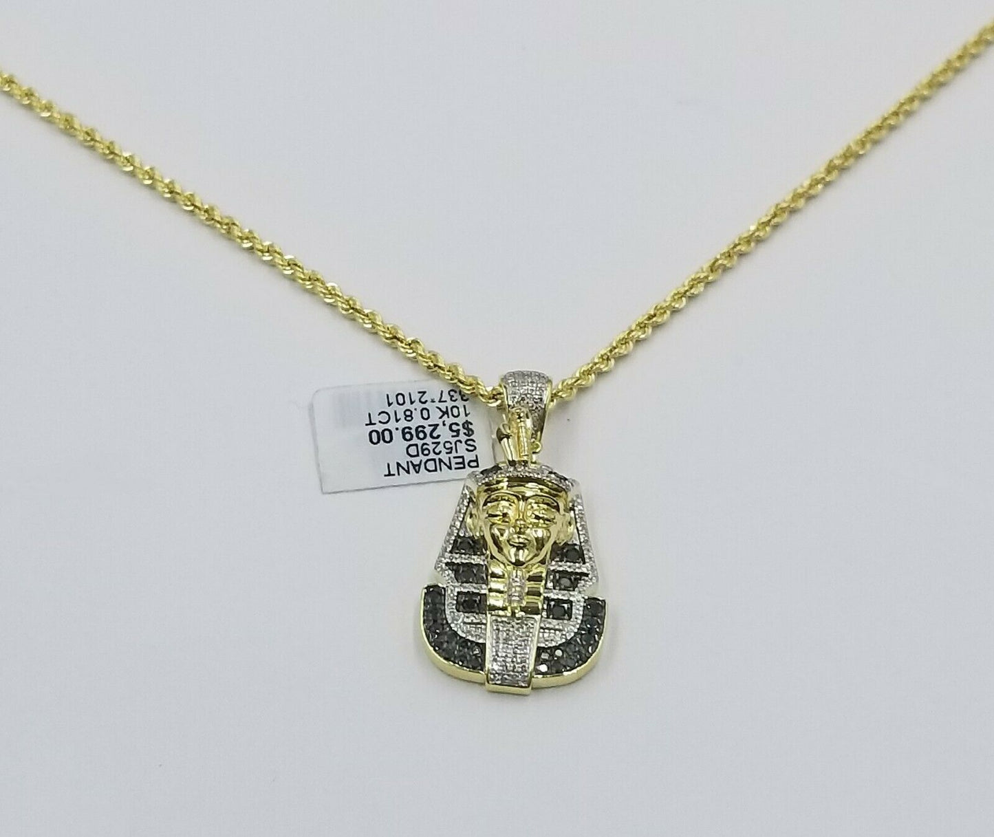 10k Yellow Gold Pharaoh Head Pendant Rope Chain 24" Black White Diamond 0.81CT