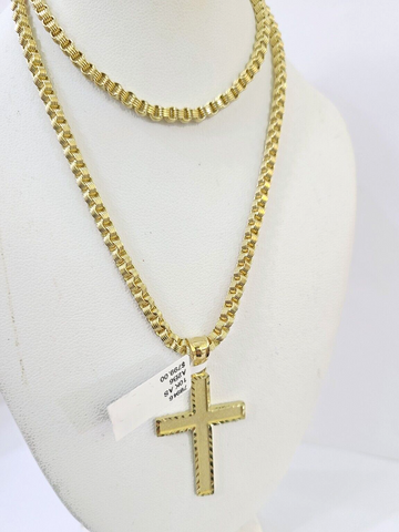 Real 10k Gold Plain Cross Byzantine Chain Necklace 3mm 22" SET 10kt Genuine