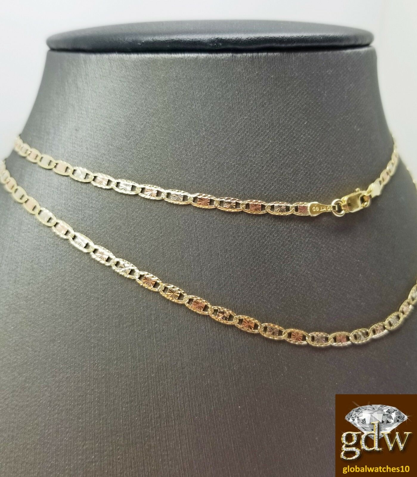 Real Trio-Gold Women's Link Chain with Lobster Clasp and 22 Inches, Diamond Cut.