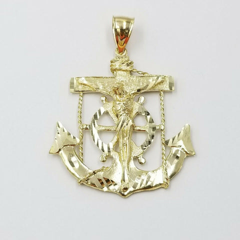 REAL 10k Gold Jesus Anchor Charm Pendent 6mm Rope Chain Diamond Cut 20 22 24 26