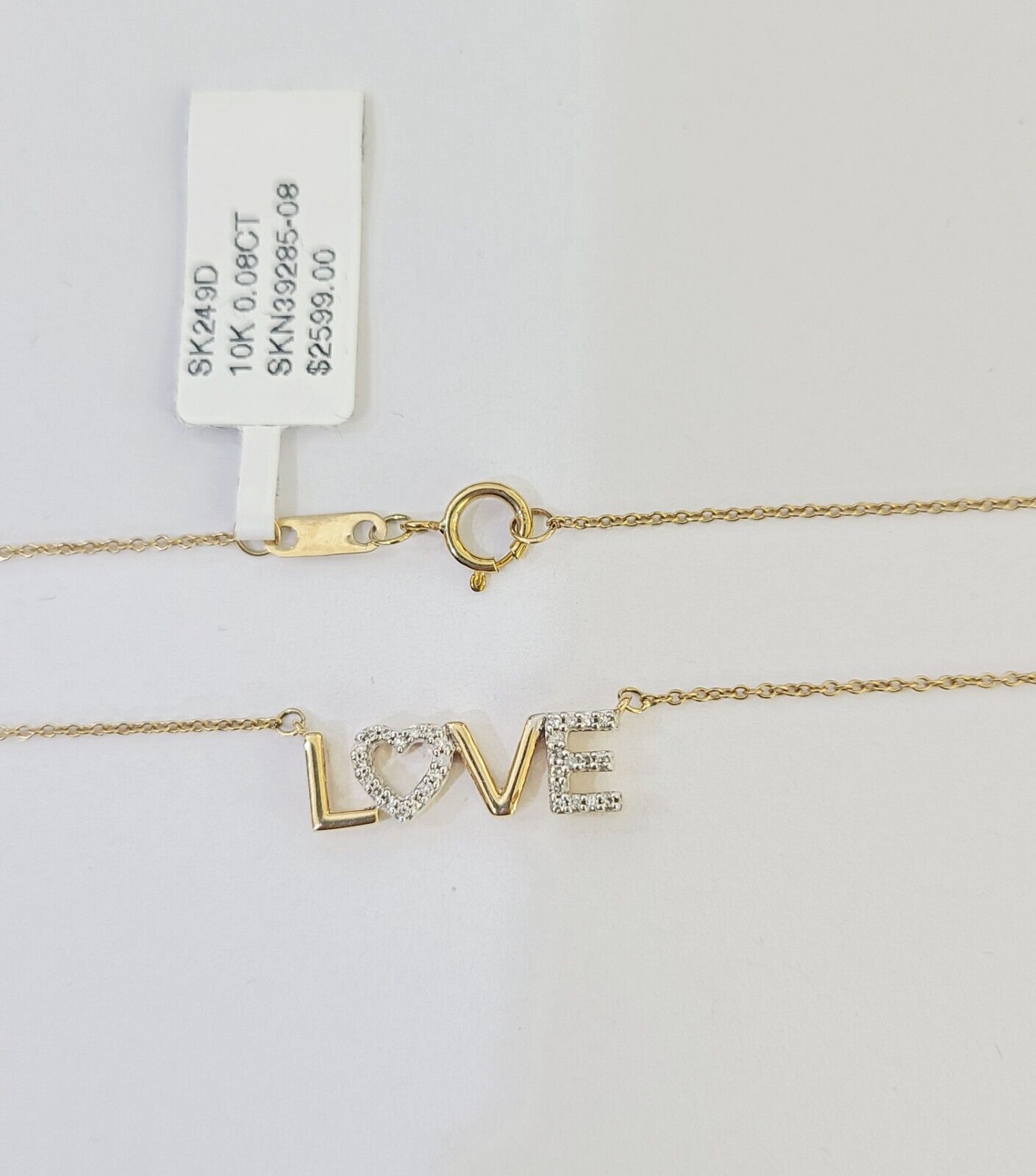 Real 10k Yellow Gold LOVE Diamond Pendant Chain Necklace Set Women