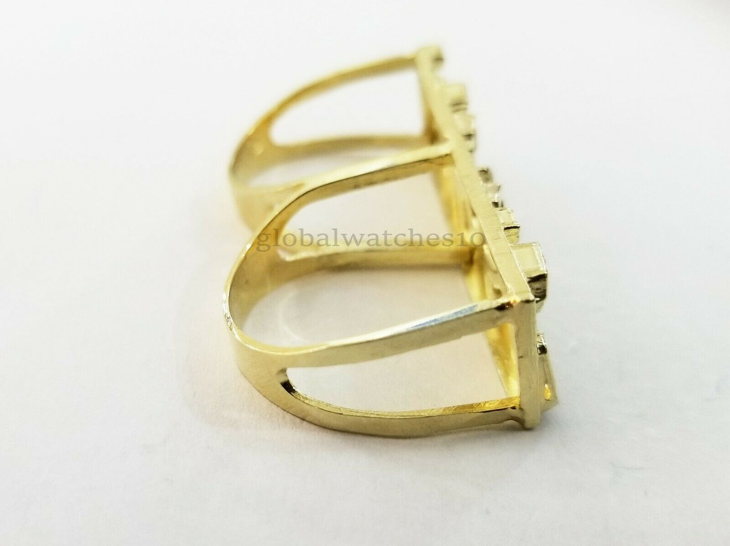 10k Yellow Gold Nugget Two Finger Men's Ring Diamond Cut Design Double Finger