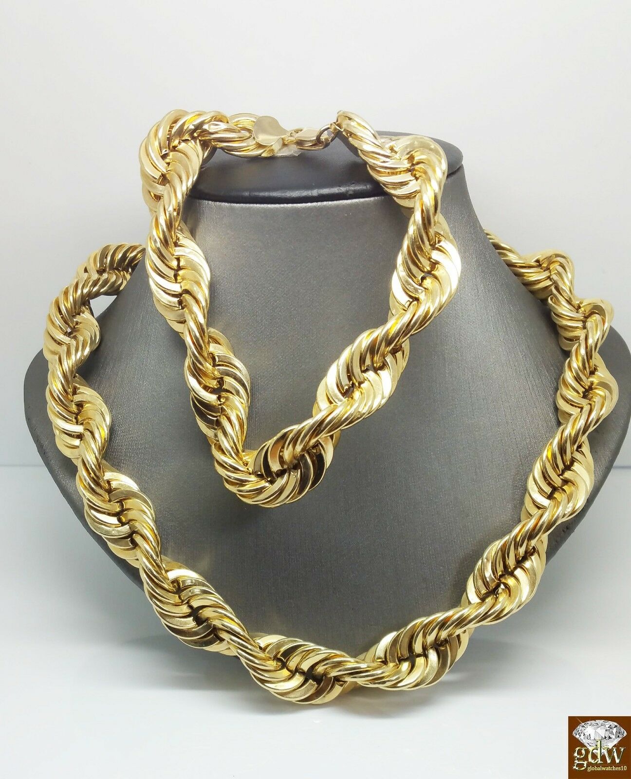 Real 10k Yellow Gold 15mm Rope 24 Inch chain necklace &10 Inch Bracelet  Men's N