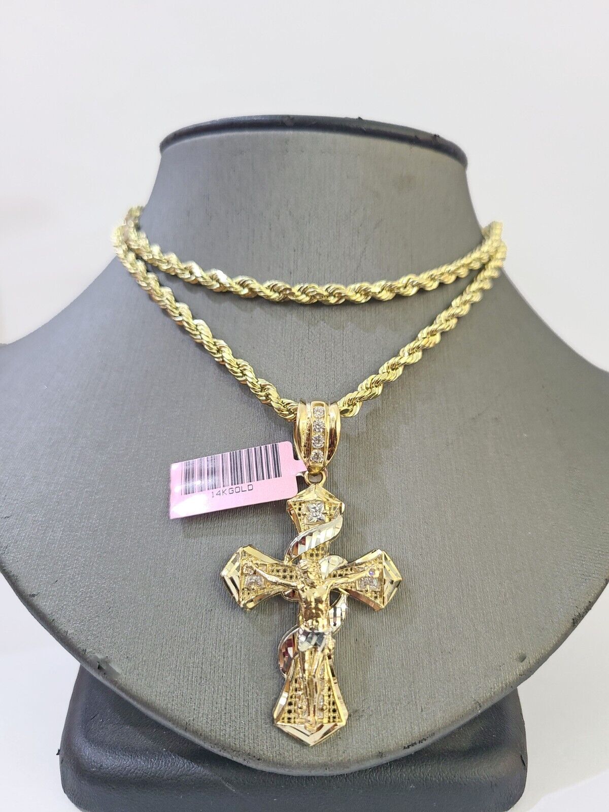 14k Yellow Gold Rope Chain & Jesus Swirl Cross Charm SET 5mm 22Inches Necklace