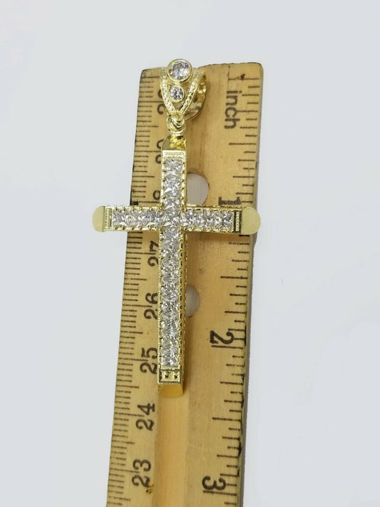 10k Yellow Gold Cross Charm pendant with 5mm Miami Cuban Diamond Cut Jesus REAL