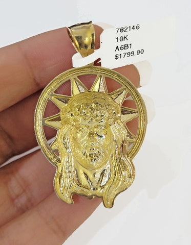 Real 10K Yellow Gold Jesus Head Pendant Charm With Circular Ring