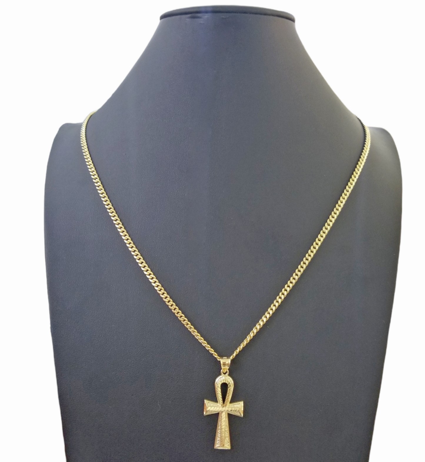 10K Gold Ankh Cross Egyptian Symbol Pendant Charm 4mm Cuban Link Chain 26" Inch