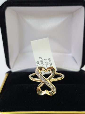 Real 10k Yellow Gold Diamond Ladies Ring 2 Hearts Women Engagement Wedding
