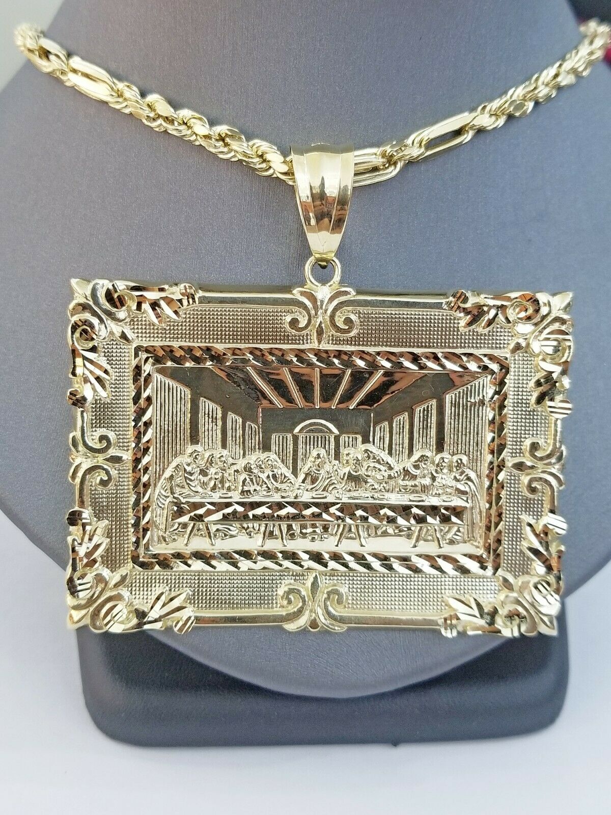 10K Real Yellow Gold Last supper Charm Diamond Cut Pendant Jesus Religious Mens