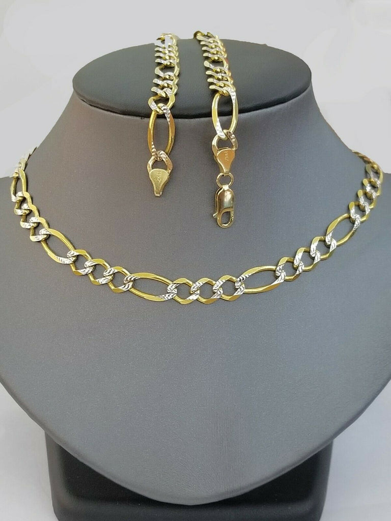 14k SOLID Yellow Gold Figaro Link Chain necklace Diamond Cut Men Women 8mm 26"