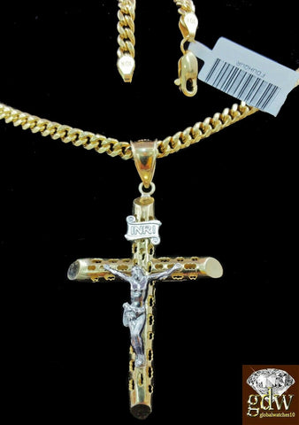 Real 10k Yellow Gold Jesus Cross Pendant 24" 4mm Cuban Chain